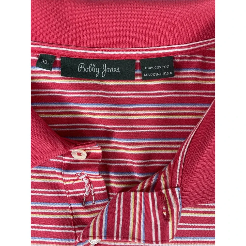 Bobby Jones Polo Shirt Mens XL Red Striped Short Sleeve Golf Cotton Classic Logo